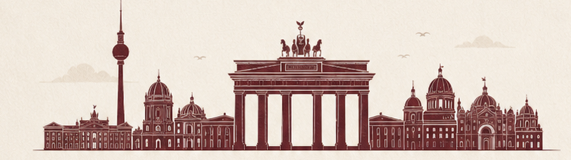 Gezeichnete Skyline von Berlin mit Fernsehturm, Brandenburger Tor und Berliner Dom.