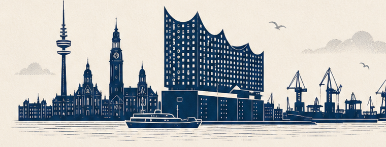 Gezeichnete Skyline von Hamburg mit Elbphilharmonie, Hafenkränen und einem Schiff auf der Elbe.
